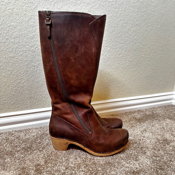 Dansko Shoes - Dansko Brown Oiled Leather Tall Clog Boots Side Zip Wood Heel Size 38 7.5-8